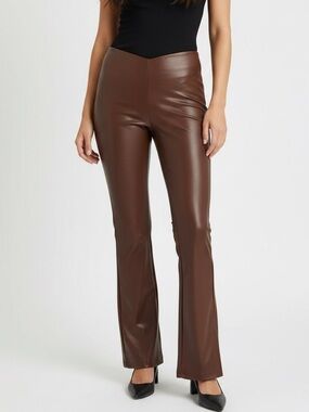 H&M Divided Faux Leather Flare Pants S Dark Brown V-Waist Split Hem